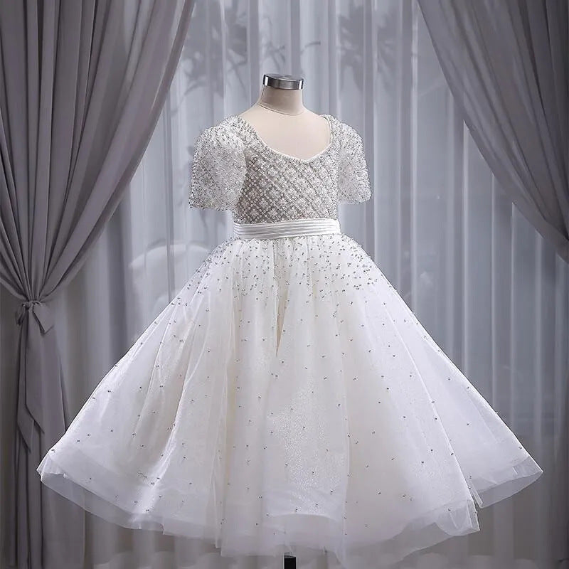 A-Line White Tulle Sequin Girls Dress Square Neck Tea Length | Occasion Wear for Ages 3-12