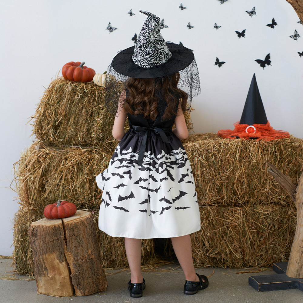 Girls Black A-Line Tea Length Collared Party Dress with Ruffles | Halloween & Birthday Outfit