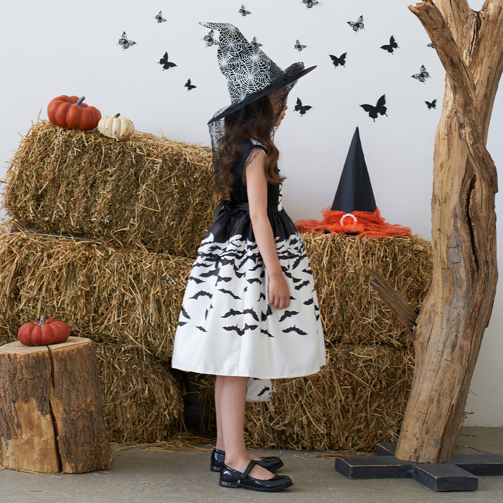Girls Black A-Line Tea Length Collared Party Dress with Ruffles | Halloween & Birthday Outfit