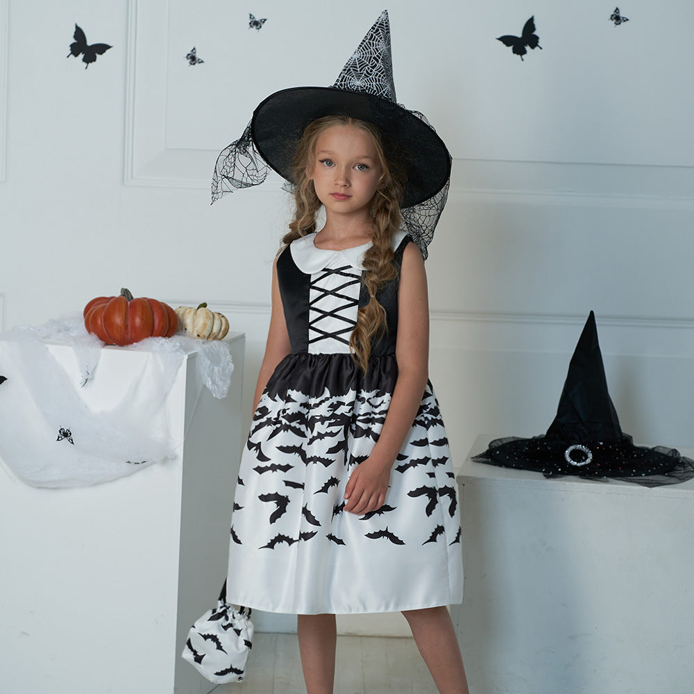 Girls Black A-Line Tea Length Collared Party Dress with Ruffles | Halloween & Birthday Outfit