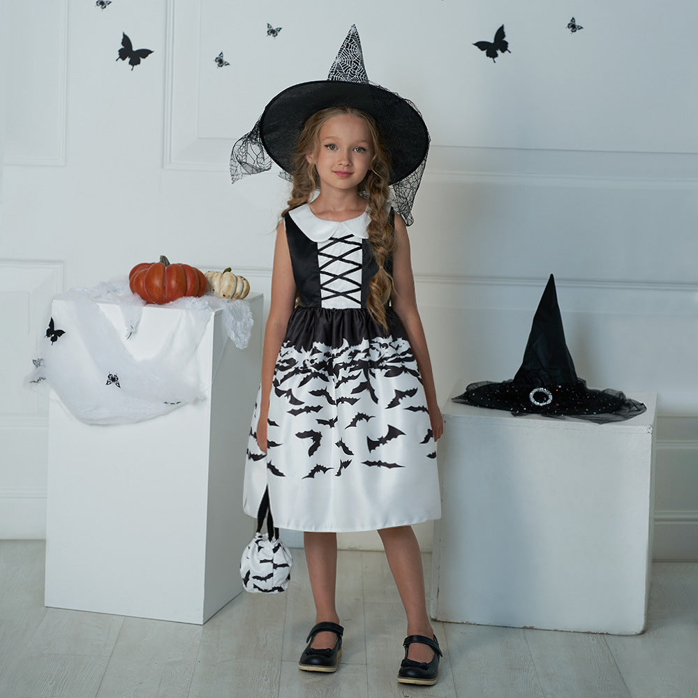 Girls Black A-Line Tea Length Collared Party Dress with Ruffles | Halloween & Birthday Outfit