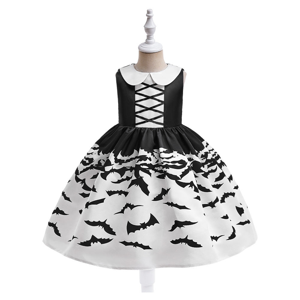 Girls Black A-Line Tea Length Collared Party Dress with Ruffles | Halloween & Birthday Outfit