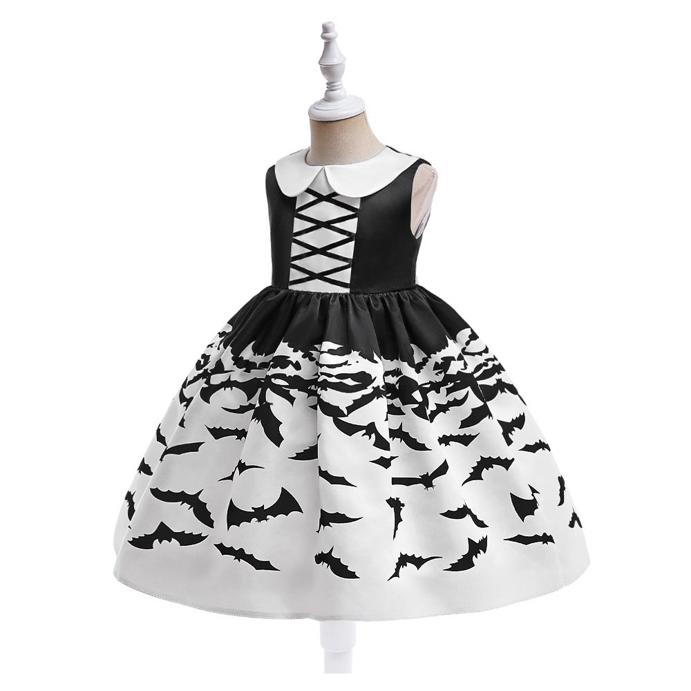 Girls Black A-Line Tea Length Collared Party Dress with Ruffles | Halloween & Birthday Outfit