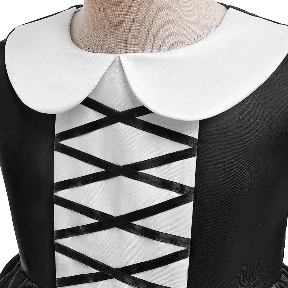 Girls Black A-Line Tea Length Collared Party Dress with Ruffles | Halloween & Birthday Outfit