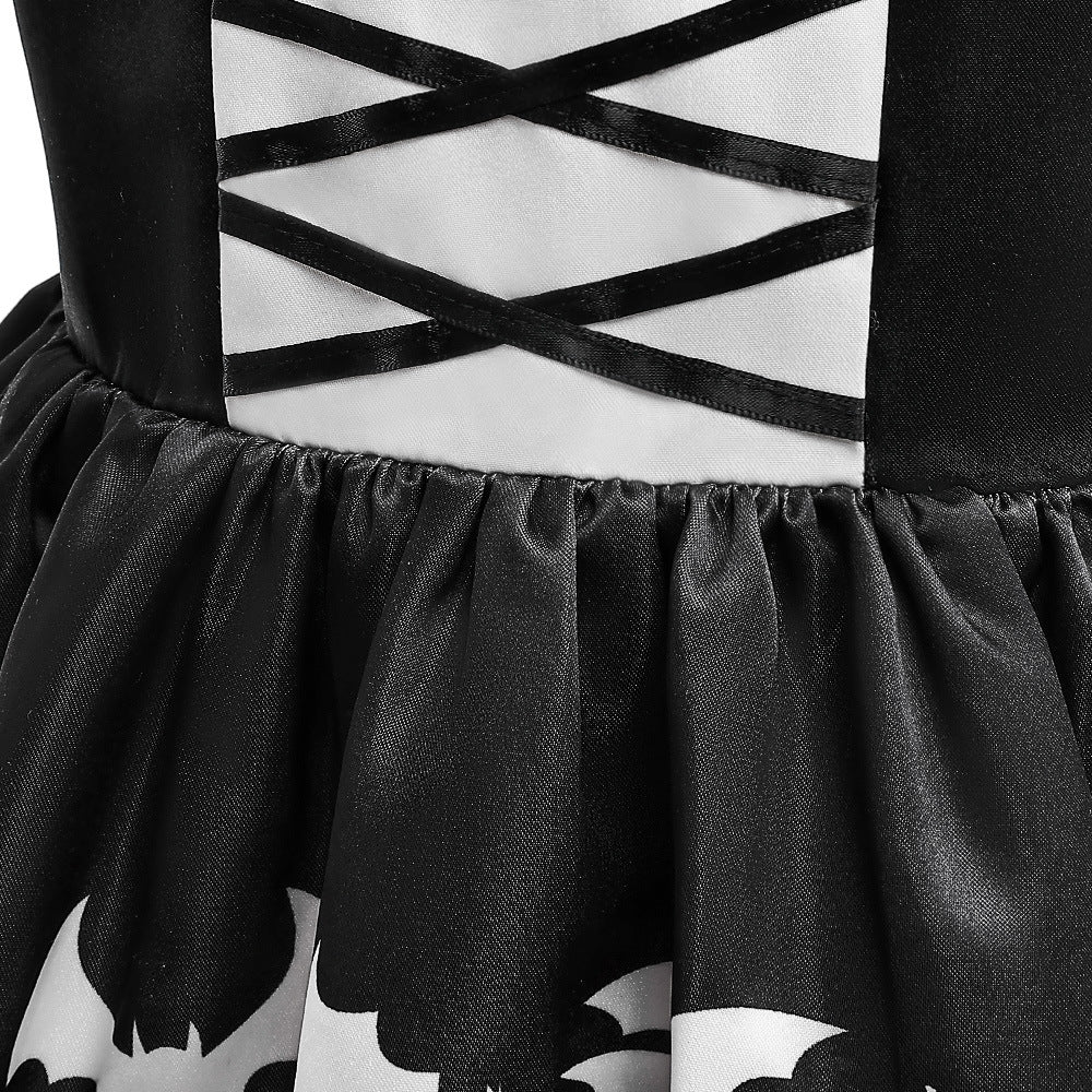 Girls Black A-Line Tea Length Collared Party Dress with Ruffles | Halloween & Birthday Outfit