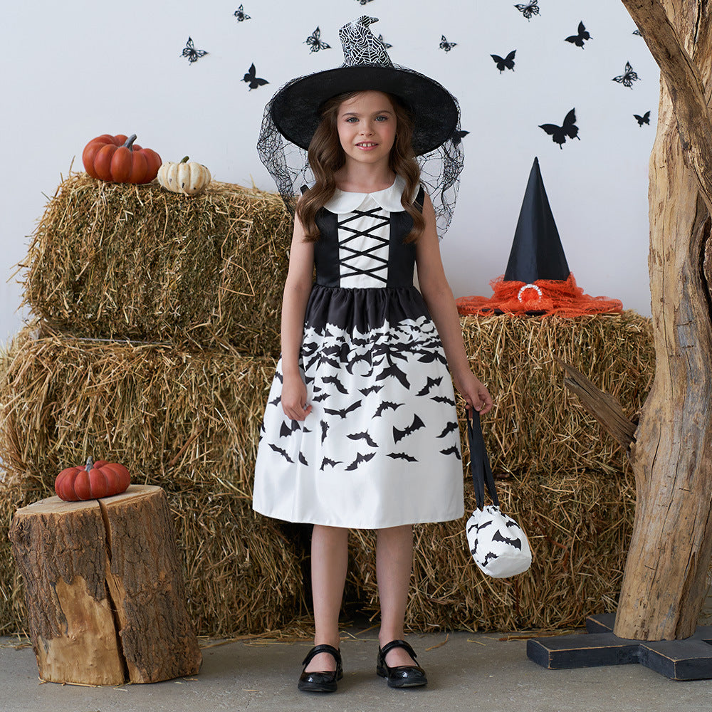 Girls Black A-Line Tea Length Collared Party Dress with Ruffles | Halloween & Birthday Outfit