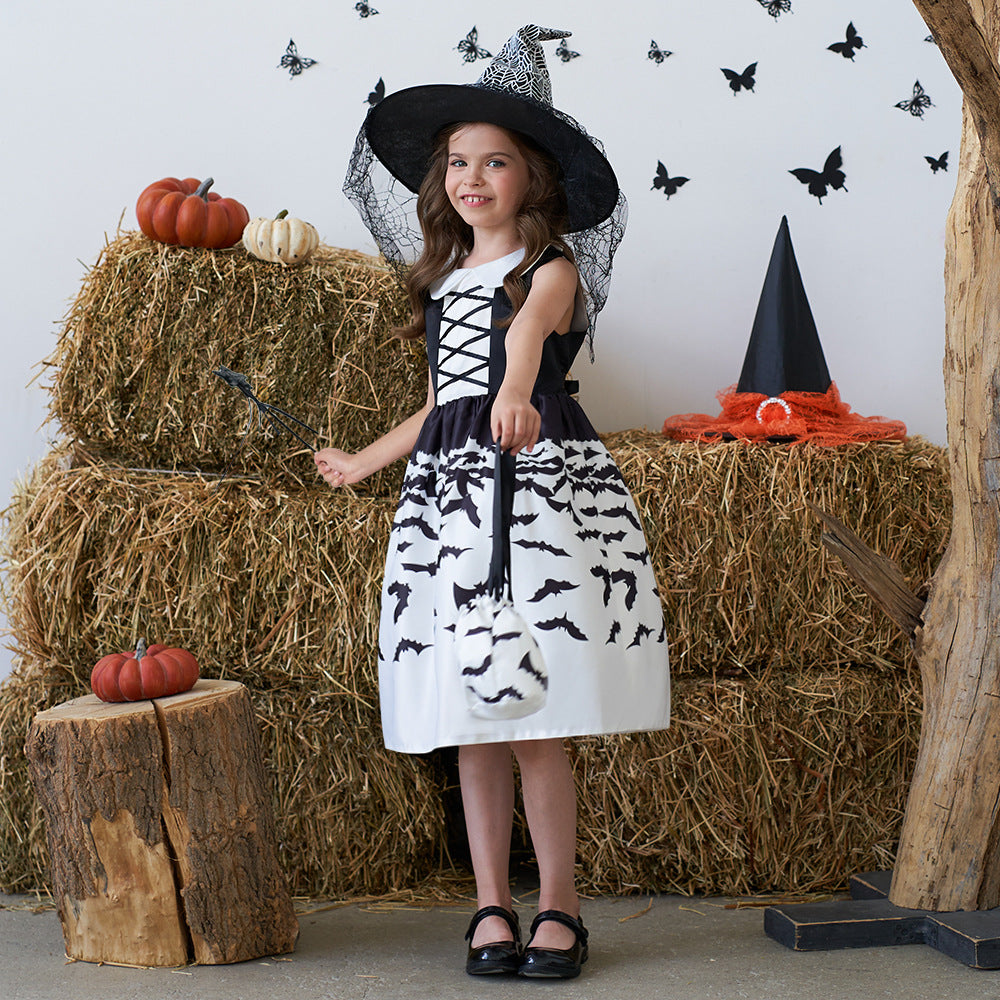 Girls Black A-Line Tea Length Collared Party Dress with Ruffles | Halloween & Birthday Outfit