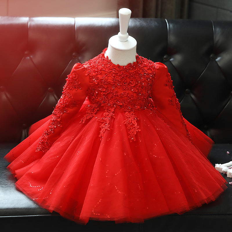 Girls Ball Gown Lace Sequined Party Dress – Knee Length, Long Sleeve