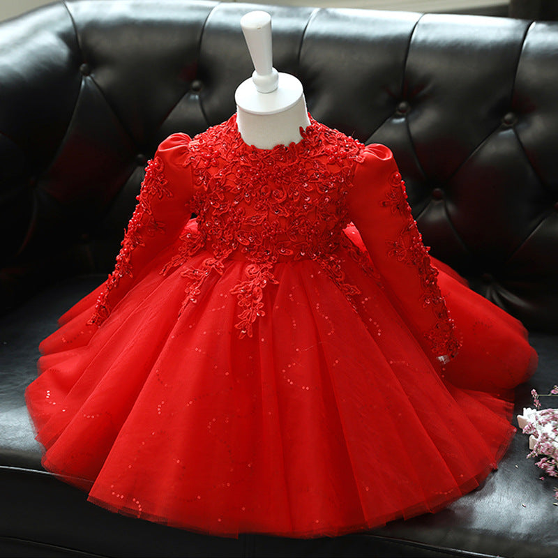 Girls Ball Gown Lace Sequined Party Dress – Knee Length, Long Sleeve
