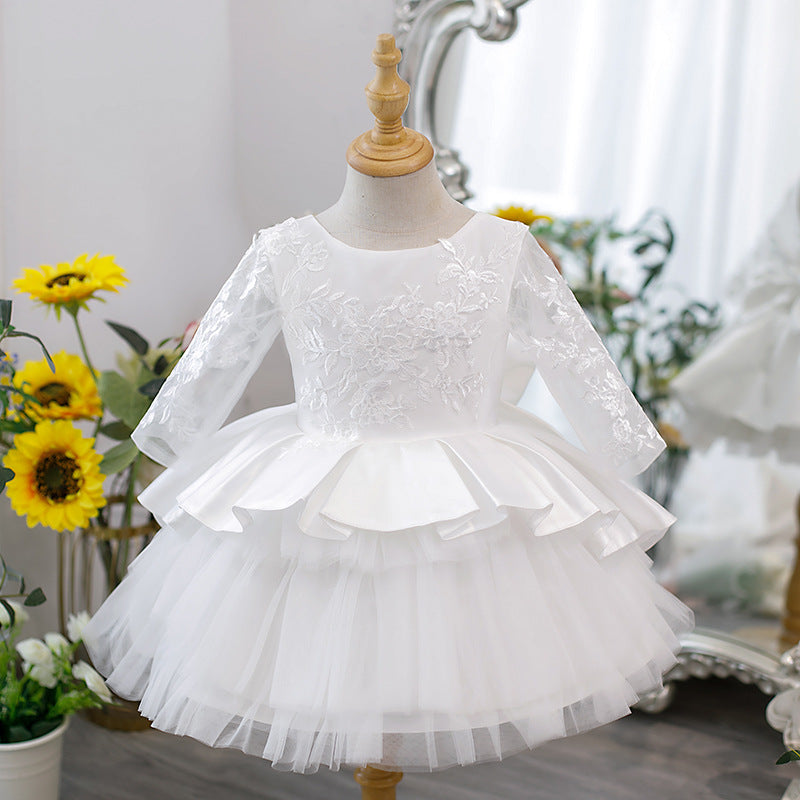 Elegant White Girls Ball Gown Lace Dress with Bow – Special Occasion Outfit