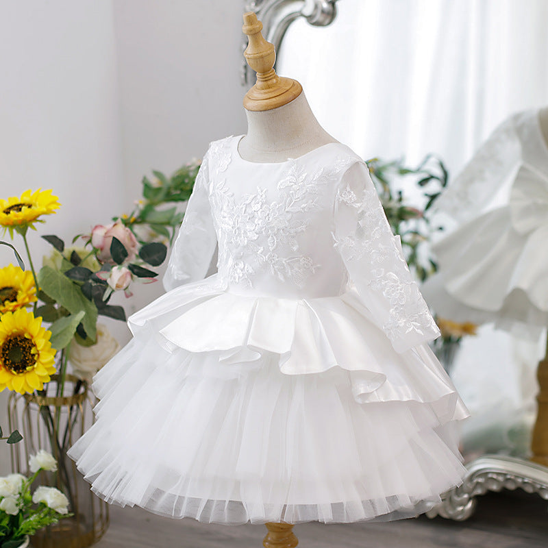 Elegant White Girls Ball Gown Lace Dress with Bow – Special Occasion Outfit