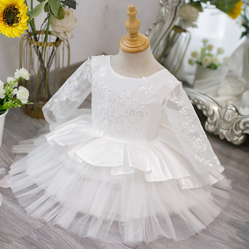 Elegant White Girls Ball Gown Lace Dress with Bow – Special Occasion Outfit