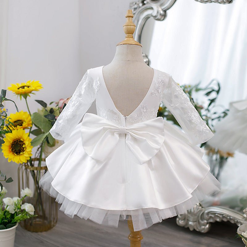Elegant White Girls Ball Gown Lace Dress with Bow – Special Occasion Outfit