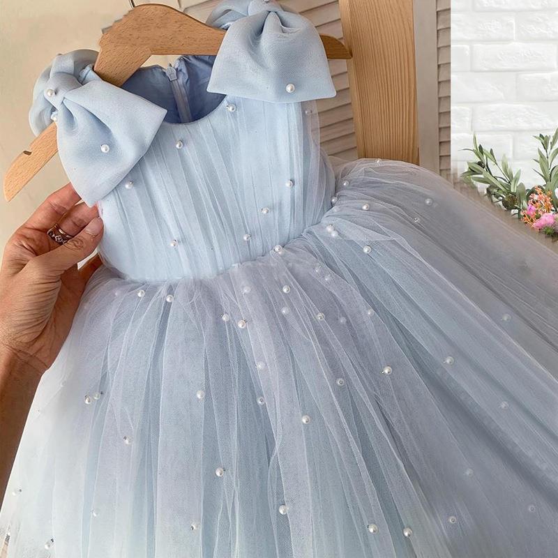 Tea Length Tulle Ball Gown Dress for Girls with Bow – Birthday & Special Occasion