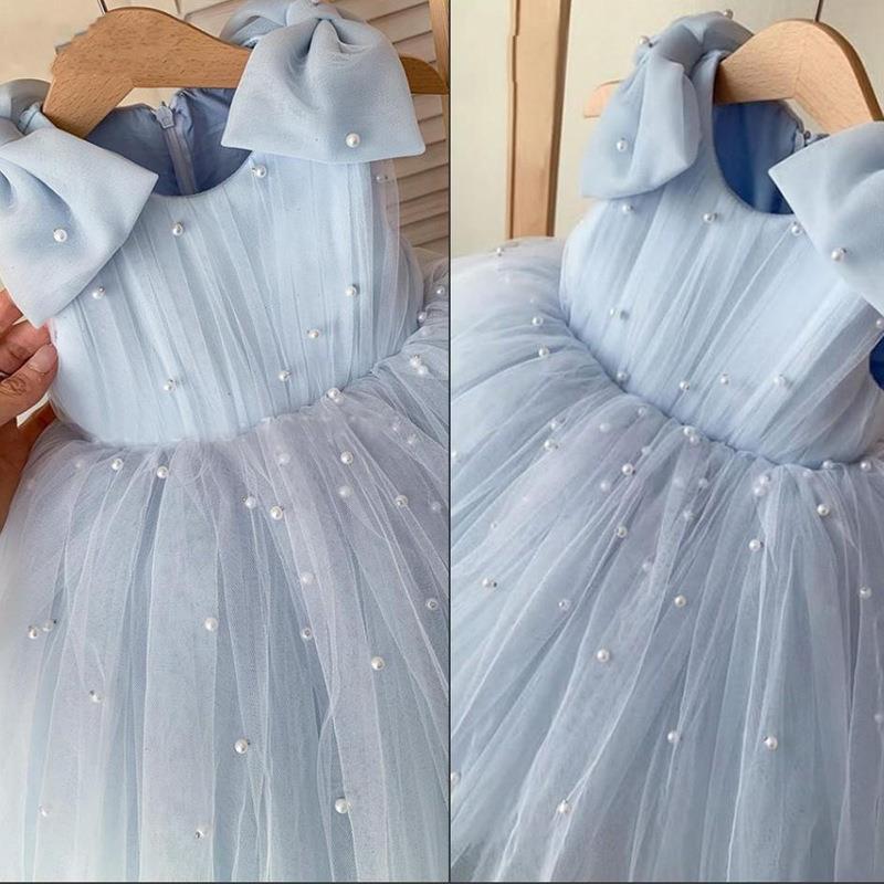 Tea Length Tulle Ball Gown Dress for Girls with Bow – Birthday & Special Occasion
