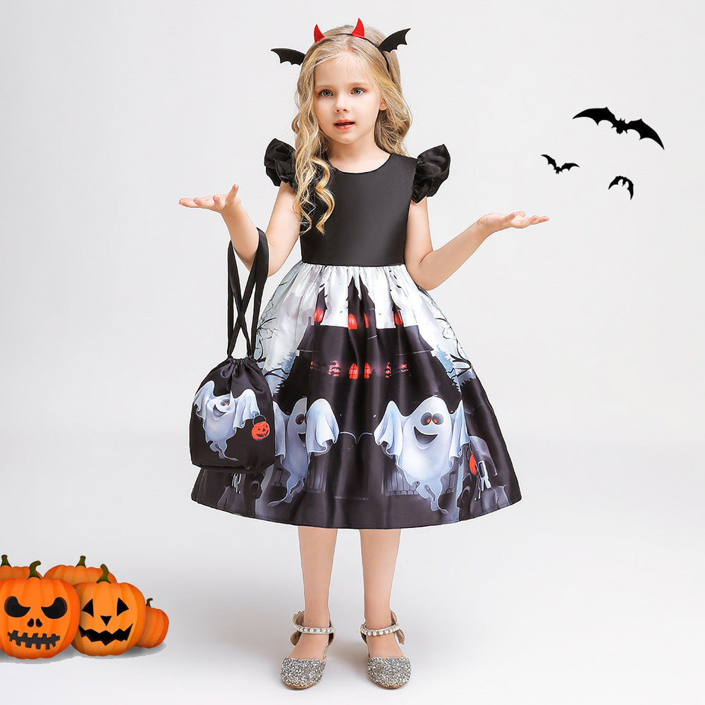 Girls Tea Length Black Ghost Print Ruffle Dress – Halloween Party Outfit with Purse