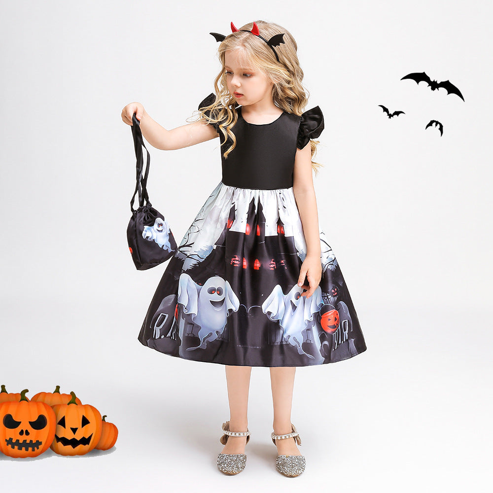 Girls Tea Length Black Ghost Print Ruffle Dress – Halloween Party Outfit with Purse