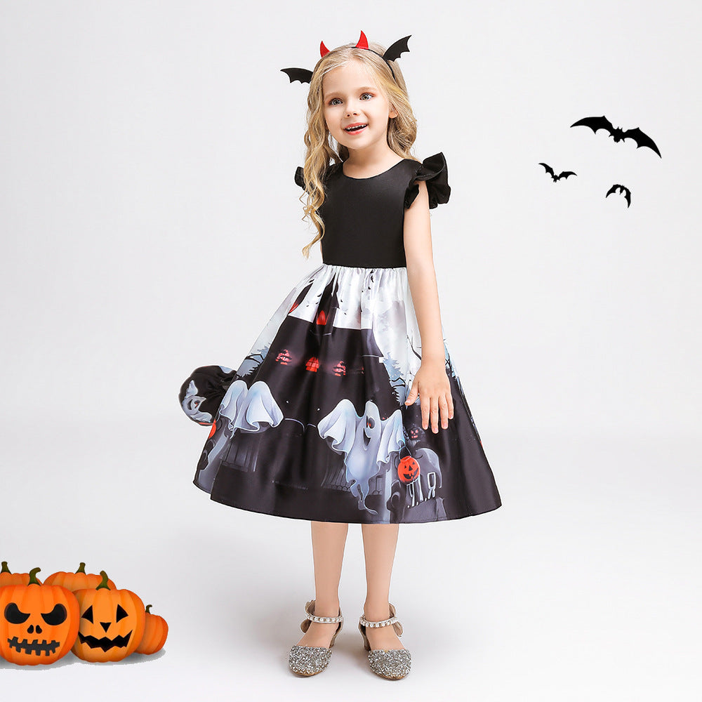 Girls Tea Length Black Ghost Print Ruffle Dress – Halloween Party Outfit with Purse