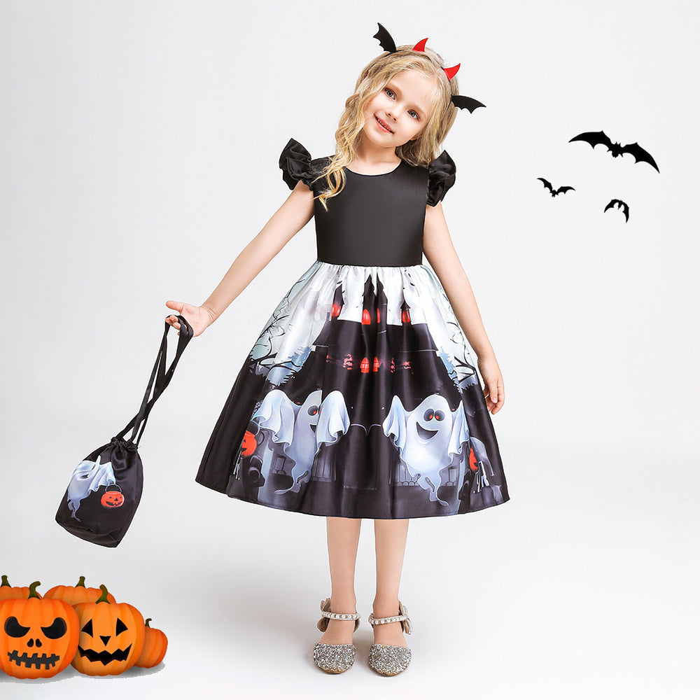 Girls Tea Length Black Ghost Print Ruffle Dress – Halloween Party Outfit with Purse