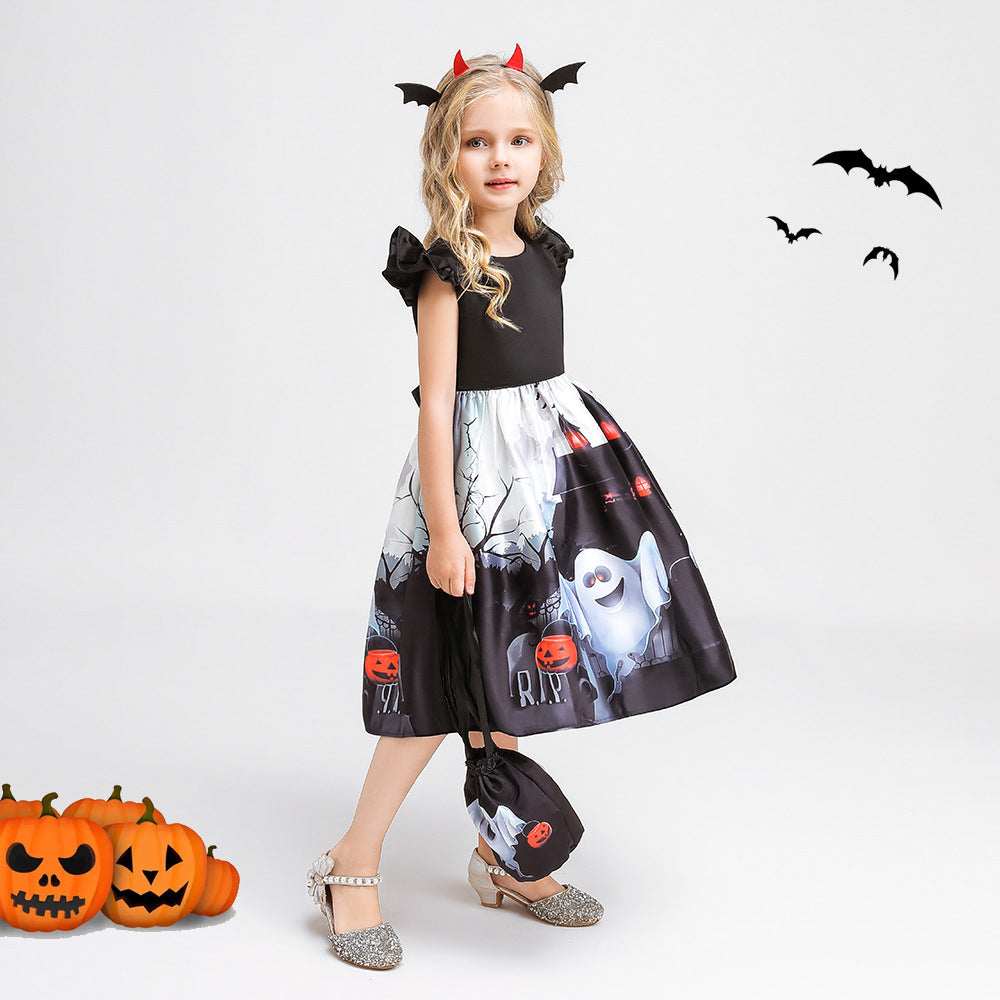 Girls Tea Length Black Ghost Print Ruffle Dress – Halloween Party Outfit with Purse
