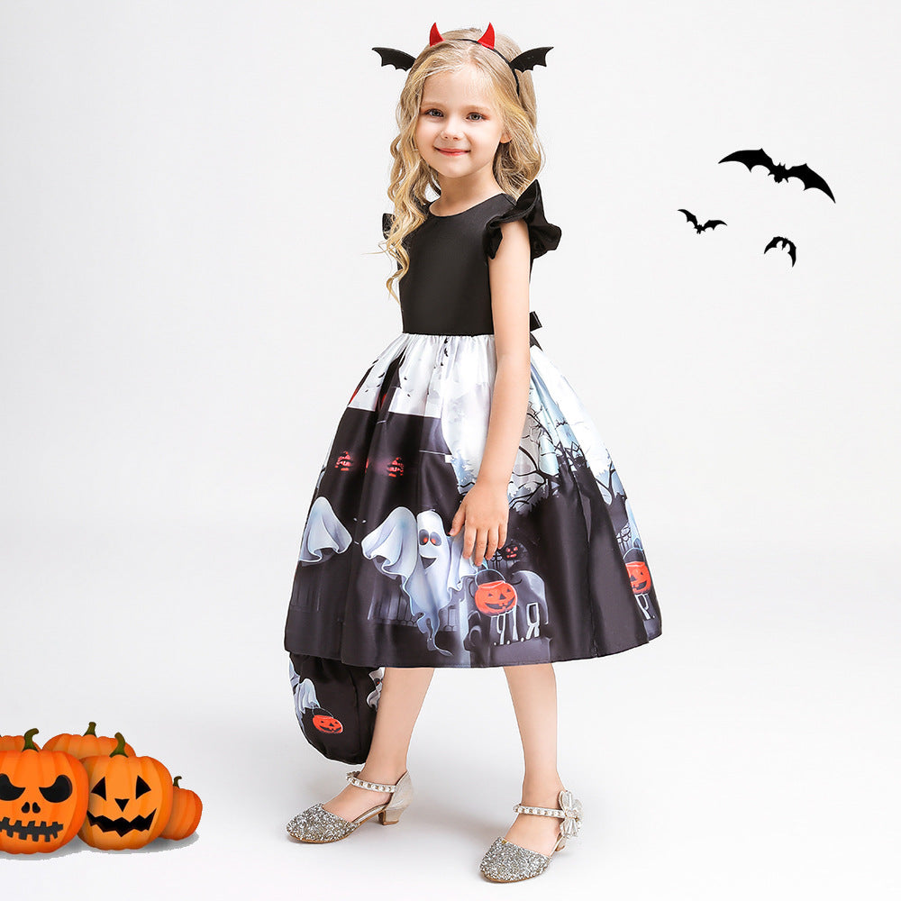 Girls Tea Length Black Ghost Print Ruffle Dress – Halloween Party Outfit with Purse