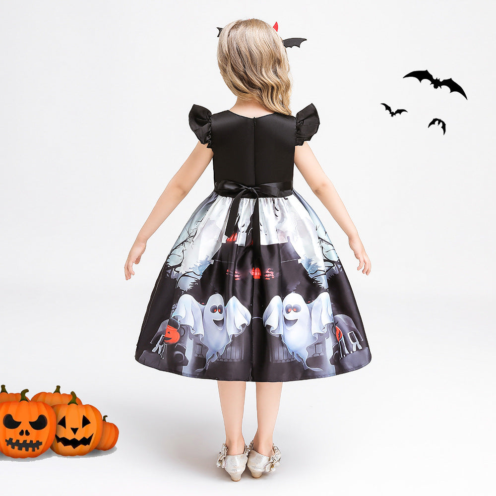 Girls Tea Length Black Ghost Print Ruffle Dress – Halloween Party Outfit with Purse