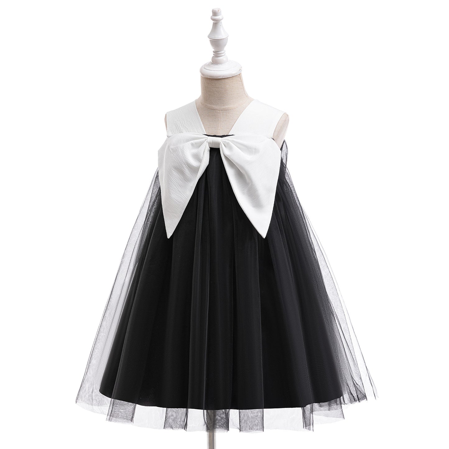 Girls' Black Tulle A-Line Bow Dress – Tea Length for Parties & Halloween