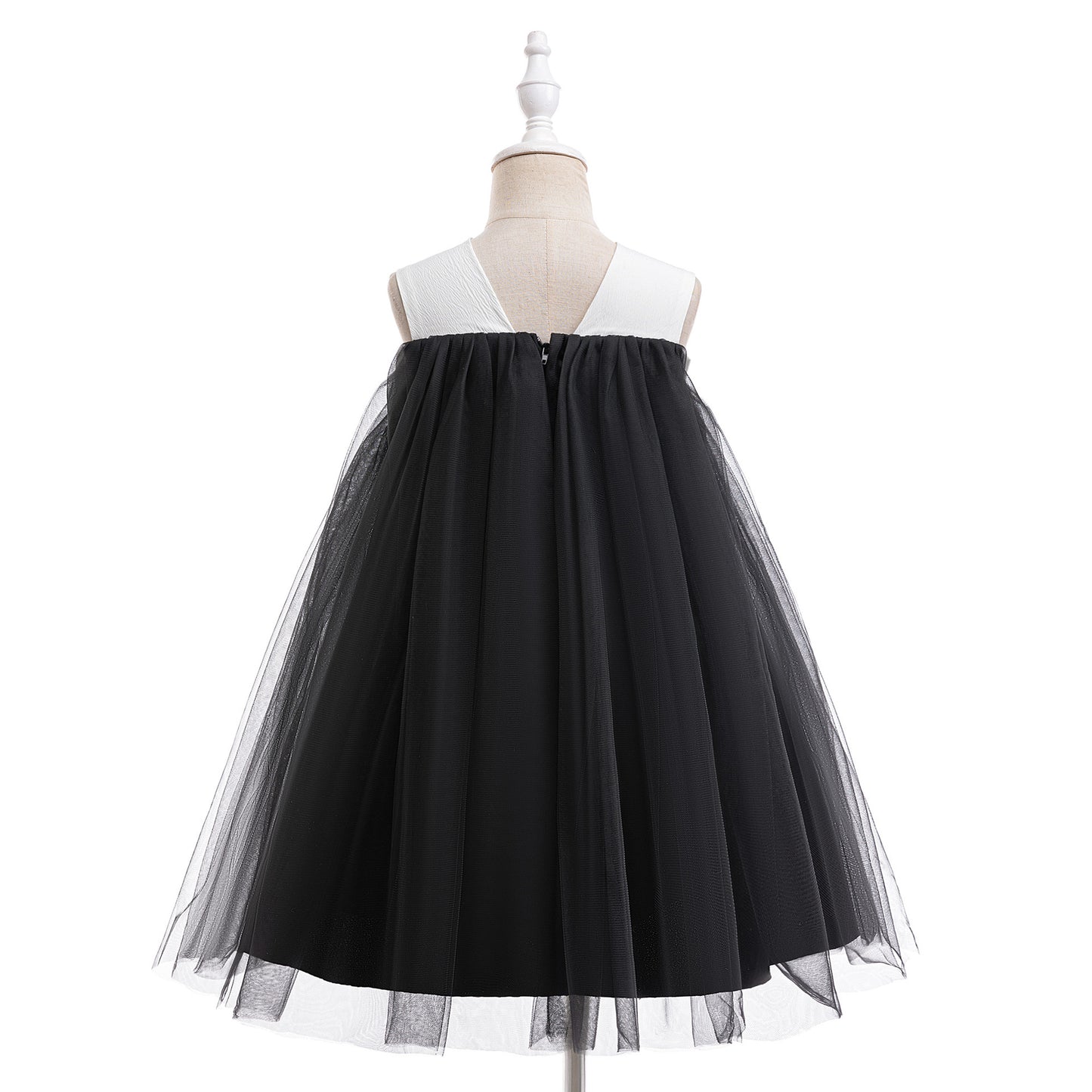 Girls' Black Tulle A-Line Bow Dress – Tea Length for Parties & Halloween