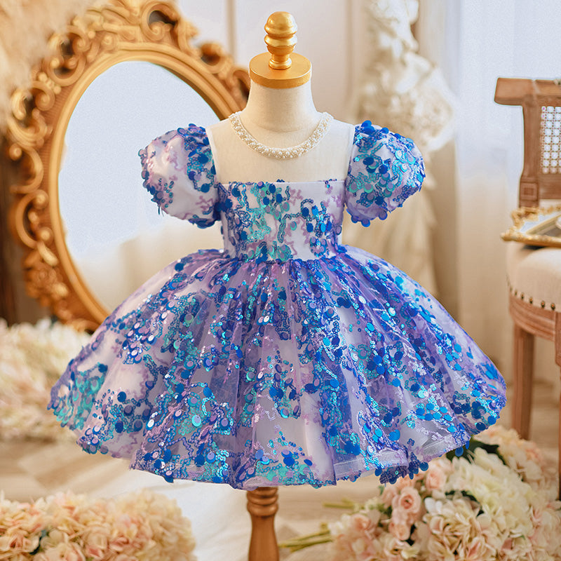 Girls Blue Sequin Knee-Length Princess Dress with Illusion Neckline Girls Blue Sequin Knee-Length Princess Dress with Illusion Neckline