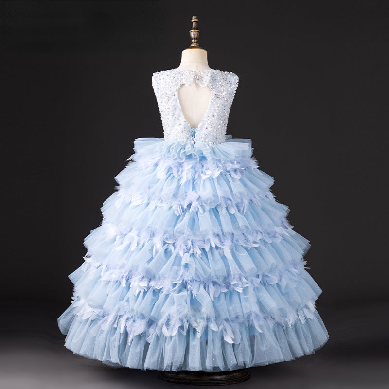 Girls Blue Sequin Tiered Tulle Dress – Princess Birthday & Party Gown