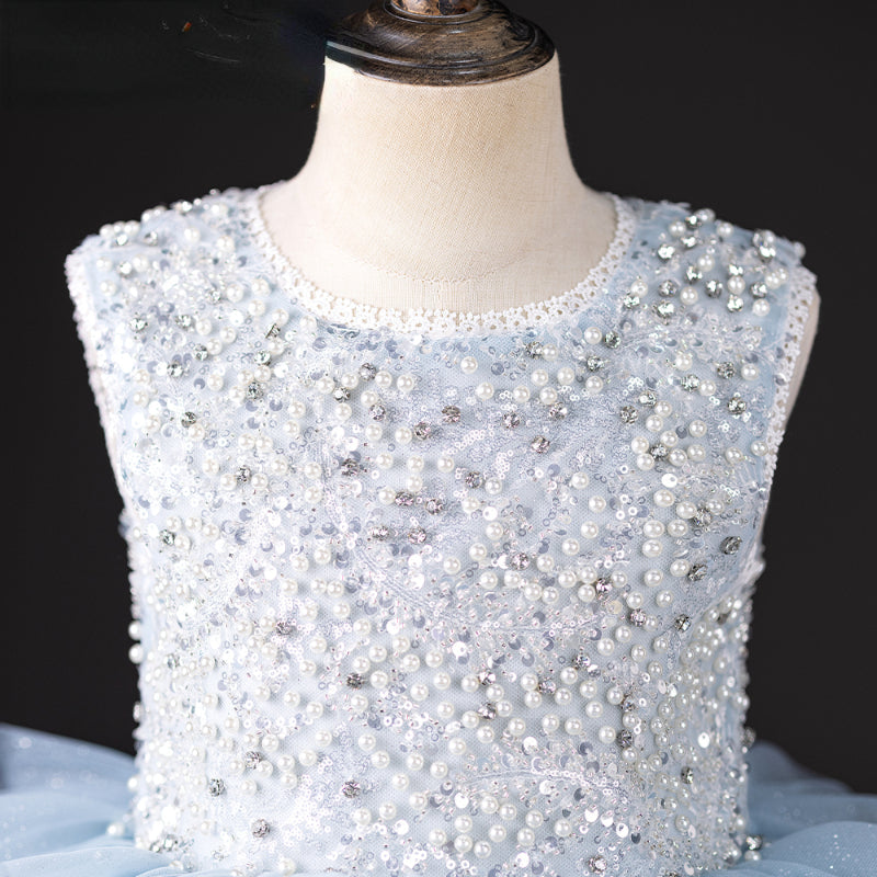 Girls Blue Sequin Tiered Tulle Dress – Princess Birthday & Party Gown