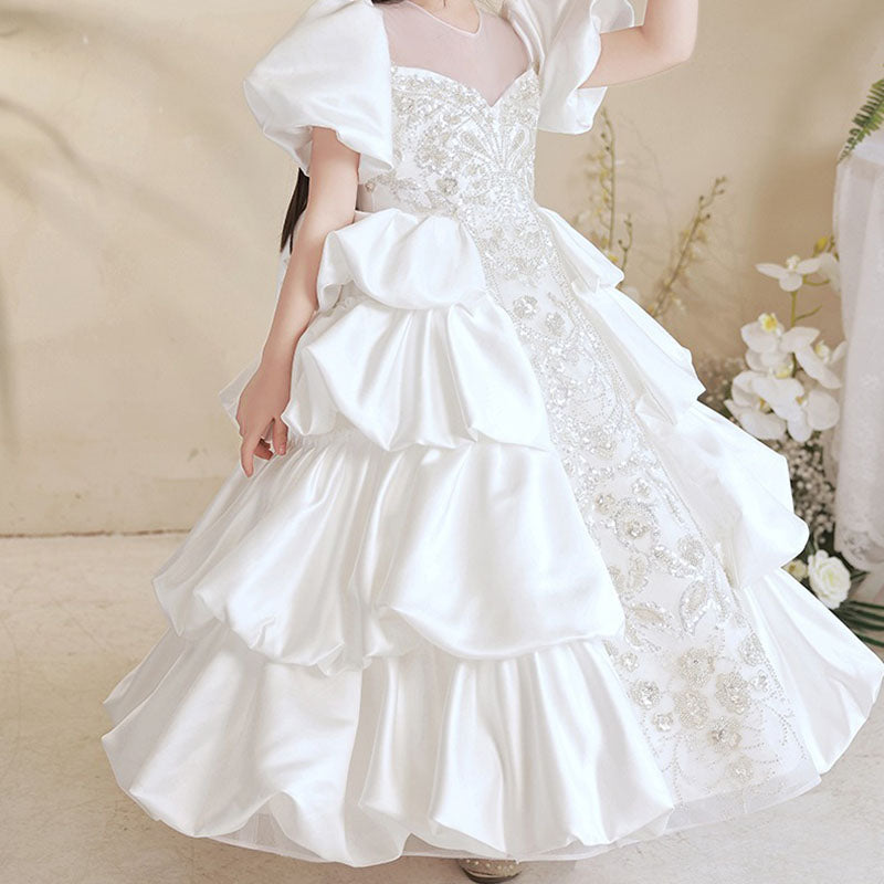 Floor Length White Princess Dress for Girls | Illusion Neckline & Sequins | Special Occasion