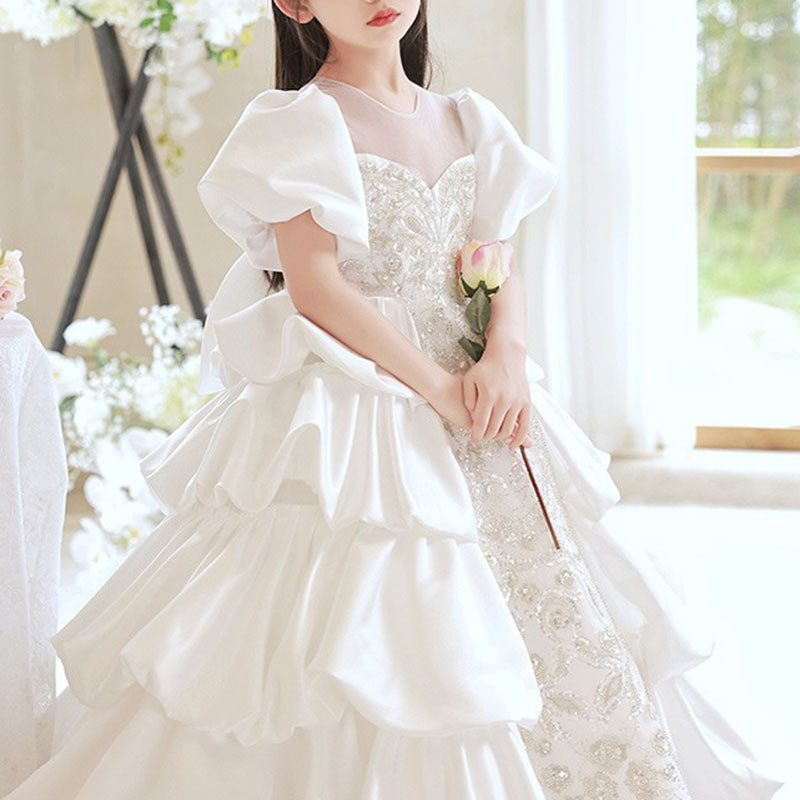 Floor Length White Princess Dress for Girls | Illusion Neckline & Sequins | Special Occasion