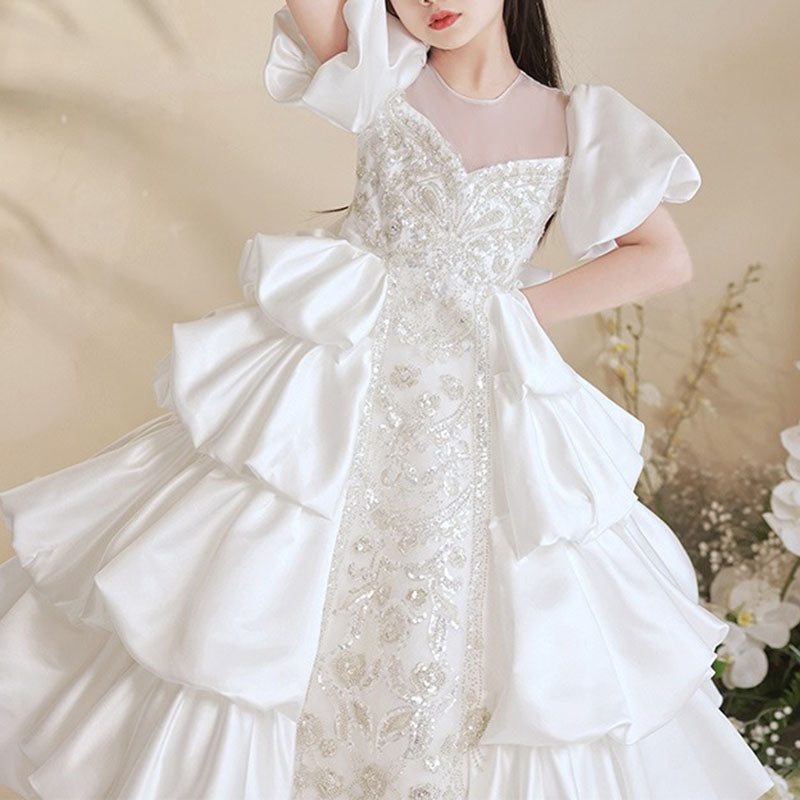 Floor Length White Princess Dress for Girls | Illusion Neckline & Sequins | Special Occasion