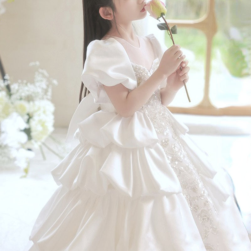 Floor Length White Princess Dress for Girls | Illusion Neckline & Sequins | Special Occasion