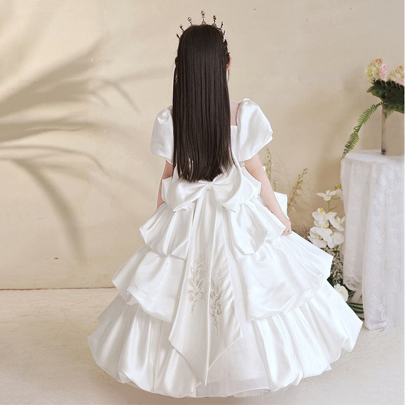 Floor Length White Princess Dress for Girls | Illusion Neckline & Sequins | Special Occasion