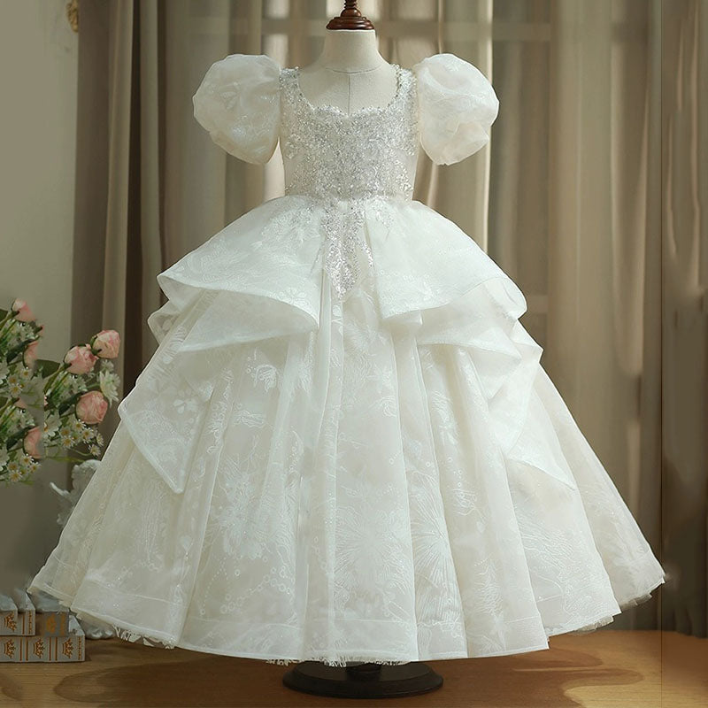 Girls Princess Floor Length Dress with Sequin Floral Embellishments - Puff Sleeve Tulle Gown