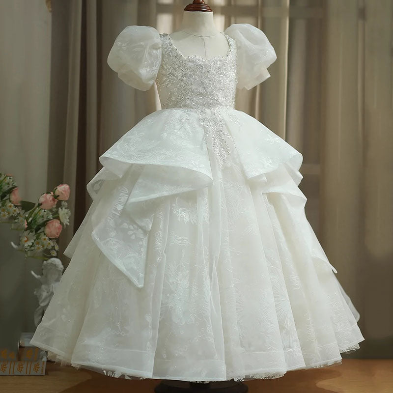 Girls Princess Floor Length Dress with Sequin Floral Embellishments - Puff Sleeve Tulle Gown