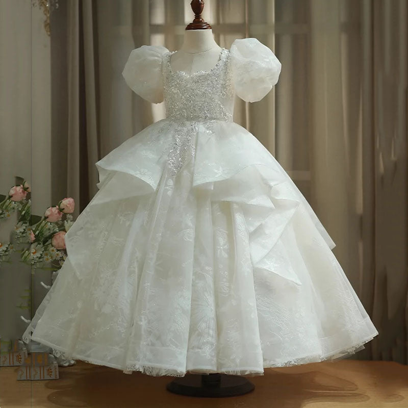 Girls Princess Floor Length Dress with Sequin Floral Embellishments - Puff Sleeve Tulle Gown