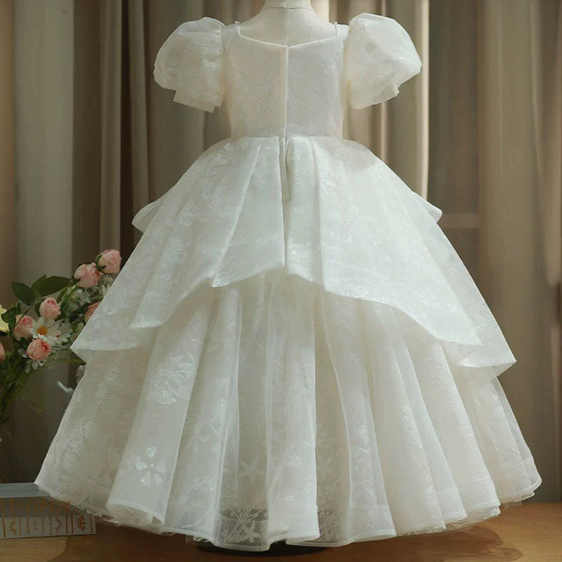 Girls Princess Floor Length Dress with Sequin Floral Embellishments - Puff Sleeve Tulle Gown