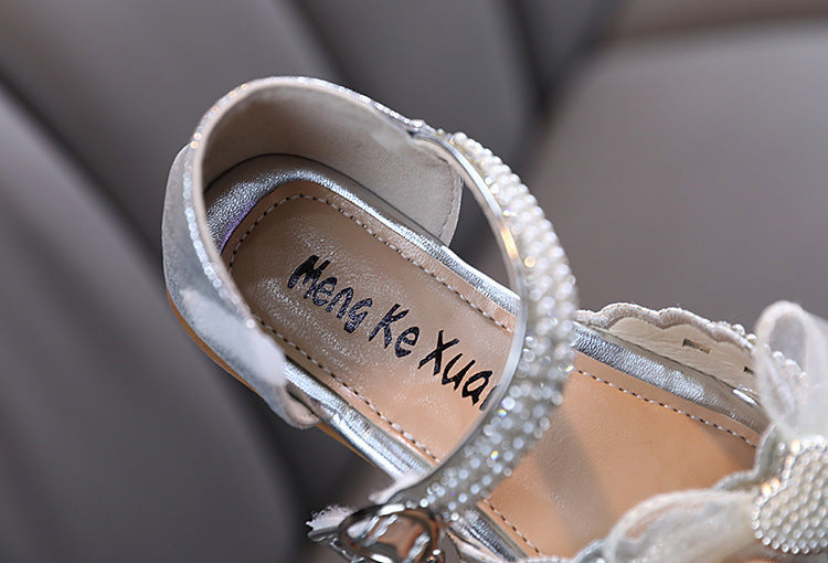 Girls' Closed-Toe Glitter Dress Sandals with Bow, Pearls & Block Heel