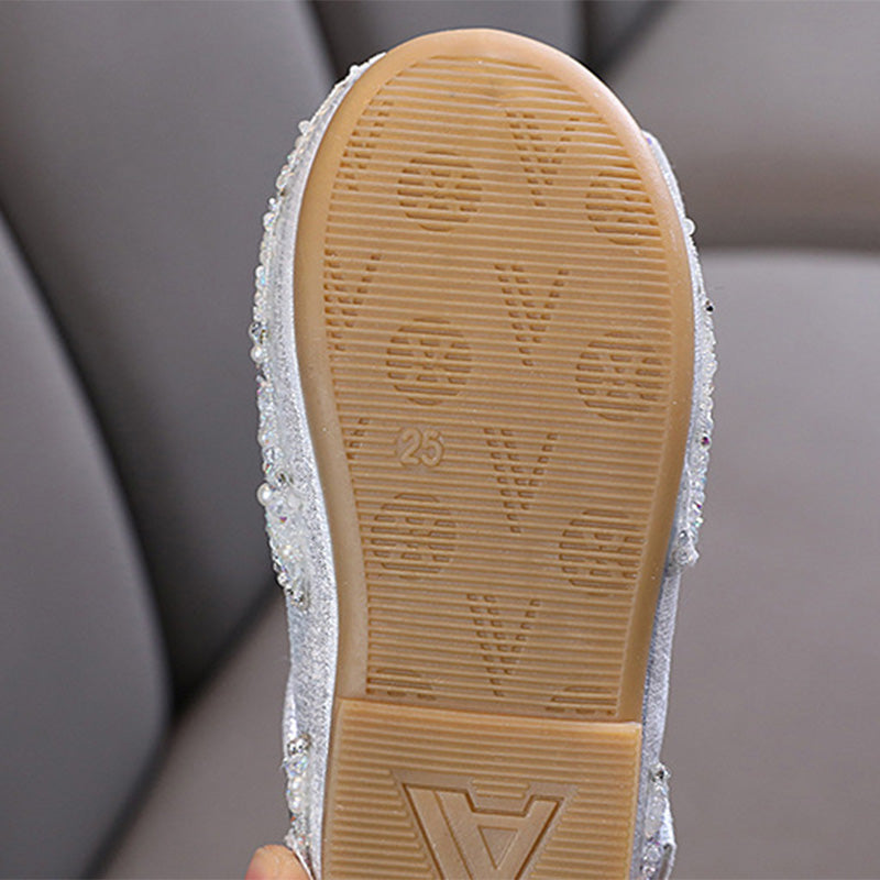 Girls' Glitter Block Heel Party Shoes with Pearls, Rhinestones & Butterfly Knot