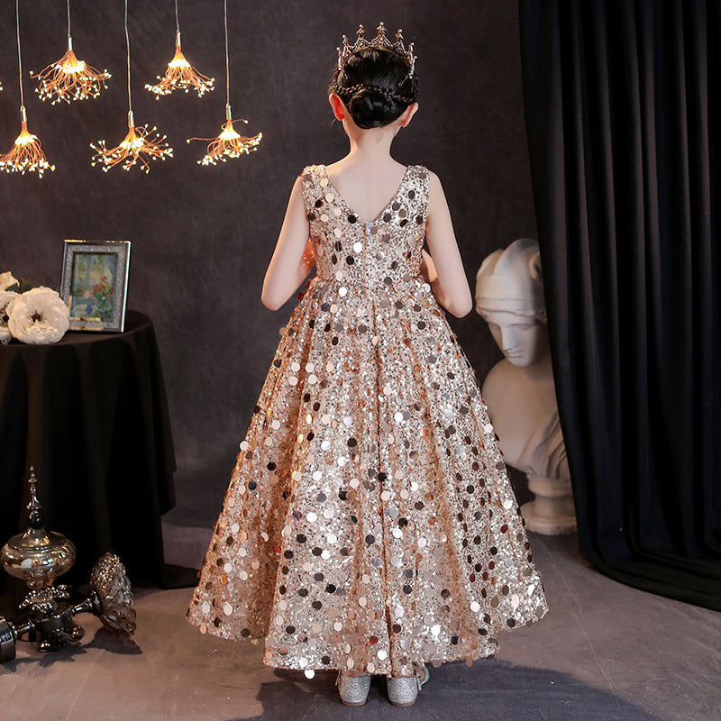 Girls Gold Sequined Floor Length Party Dress | Special Occasion A-Line Gown