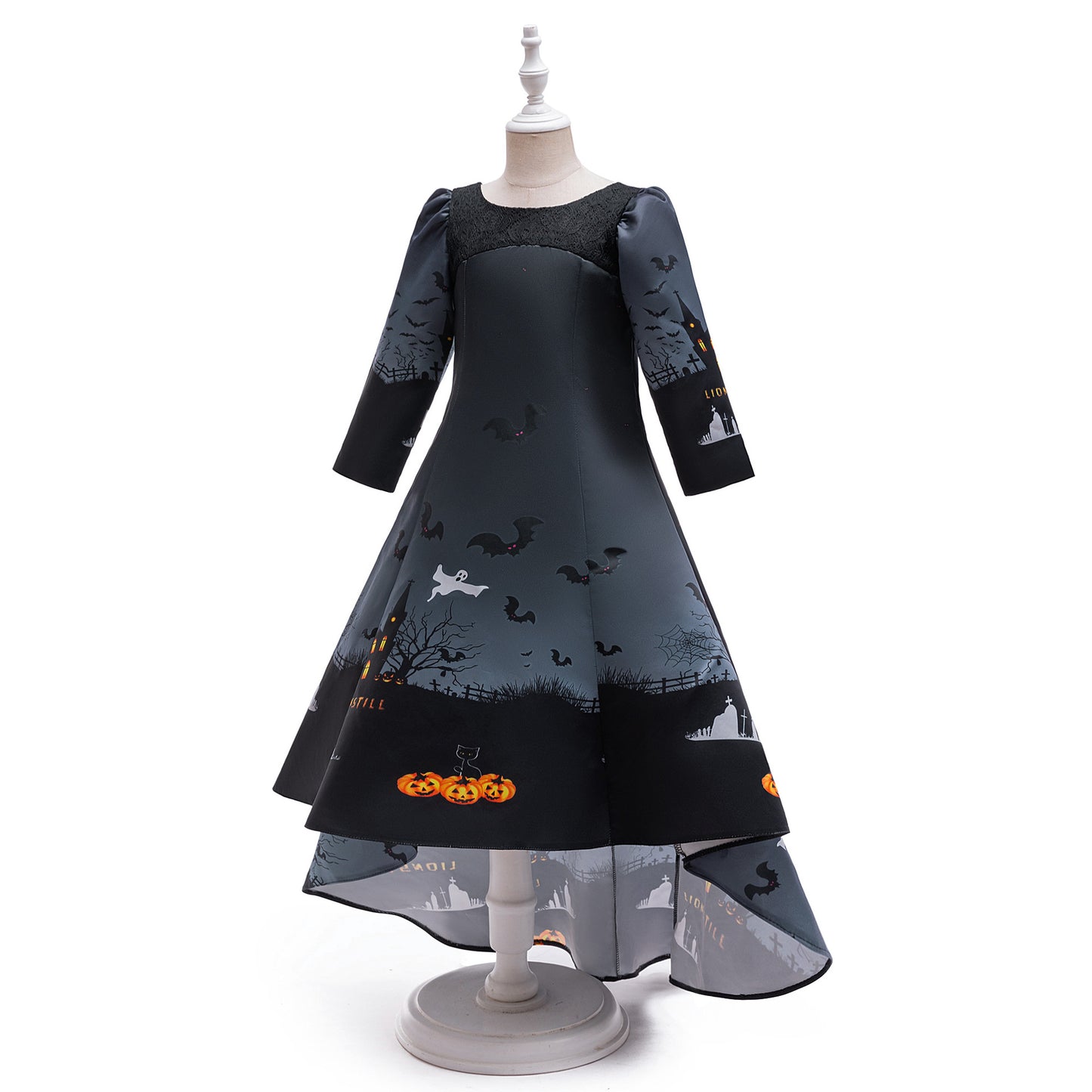 Girls' Halloween Pumpkin Witch A-Line Dress with Bat Print – Floor Length Costume