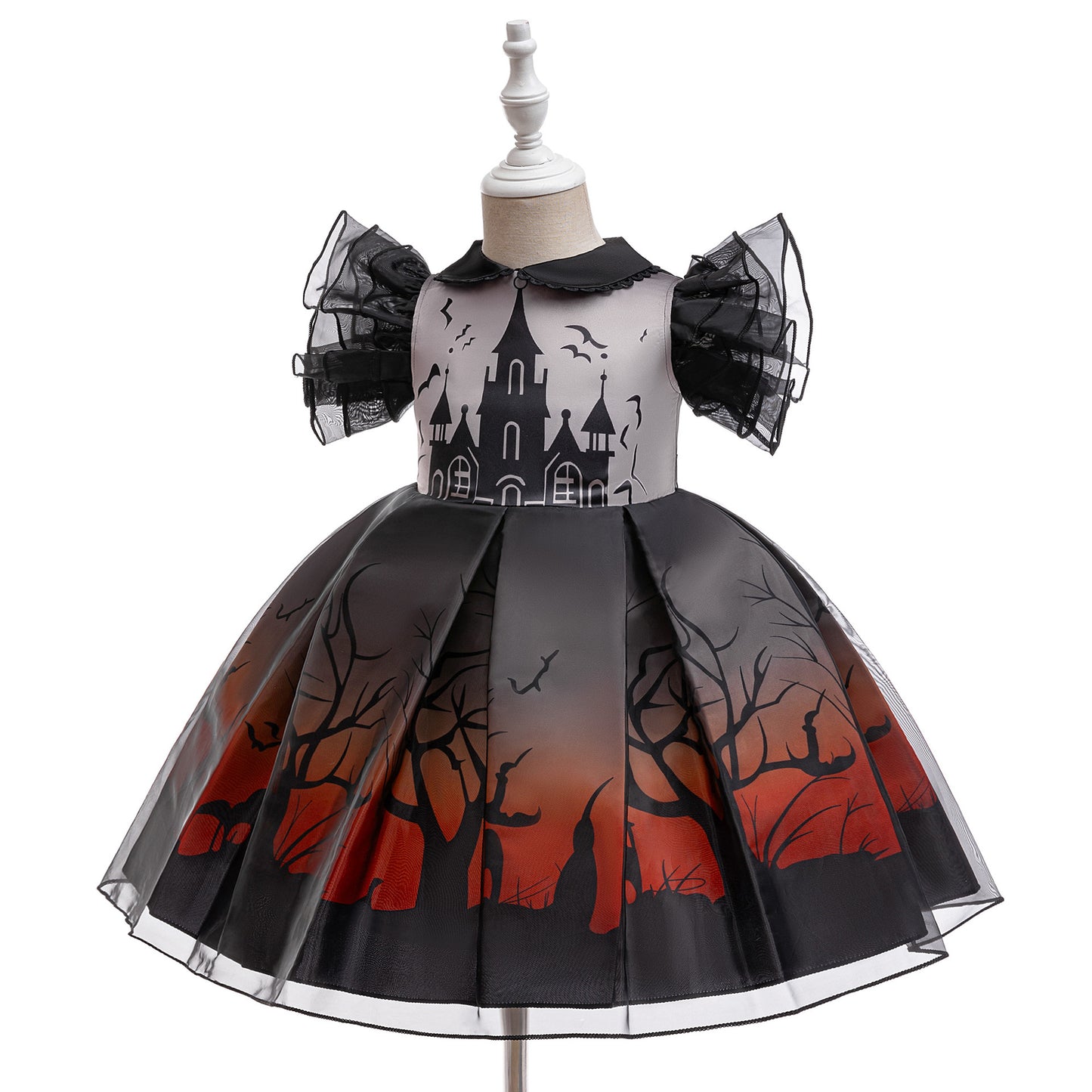 Girls Witch Bat Print Halloween Tea-Length Dress – Cosplay Costume for 3-10 Years