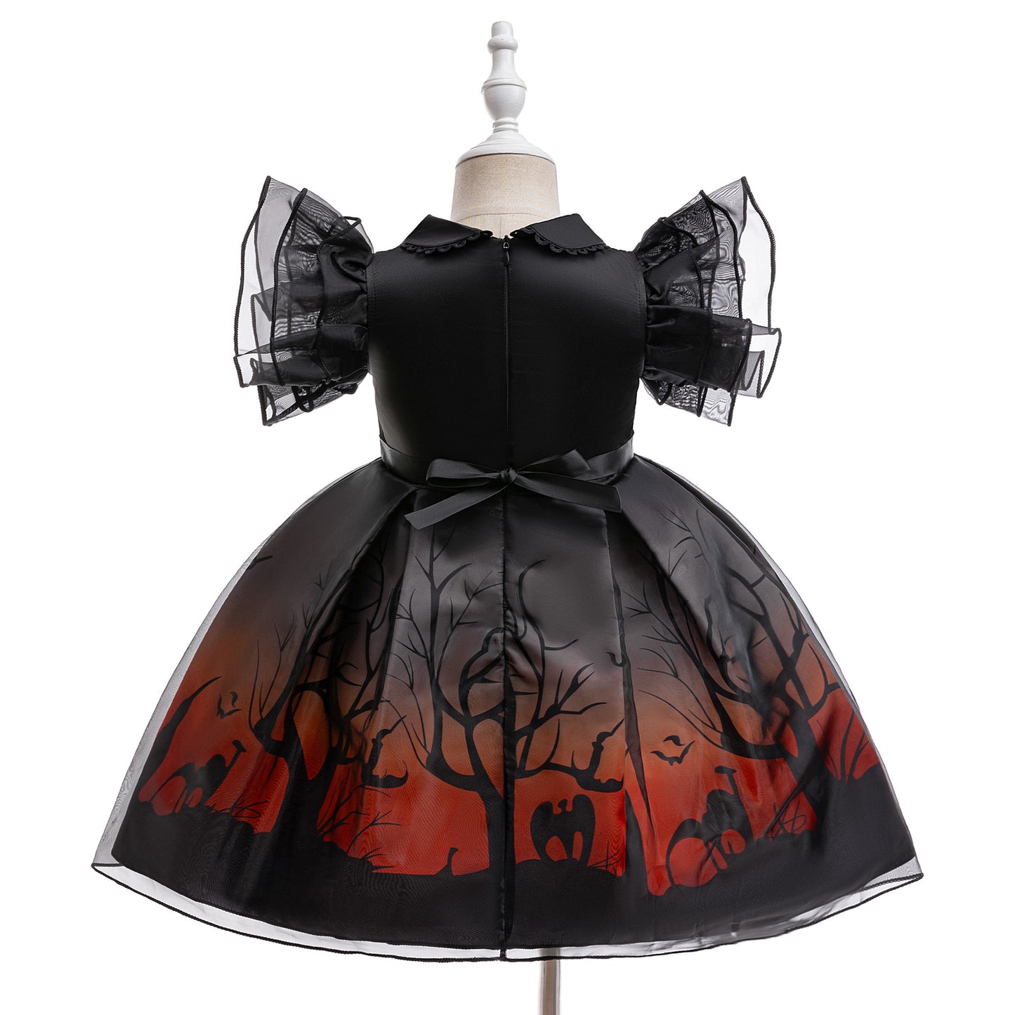 Girls Witch Bat Print Halloween Tea-Length Dress – Cosplay Costume for 3-10 Years