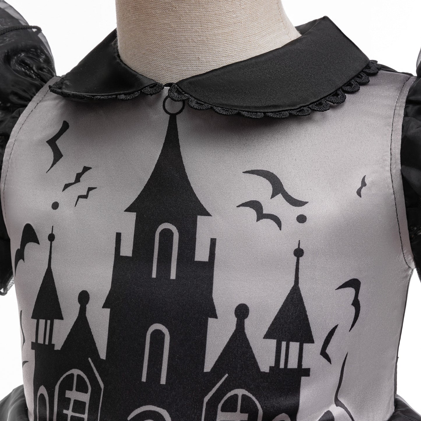 Girls Witch Bat Print Halloween Tea-Length Dress – Cosplay Costume for 3-10 Years