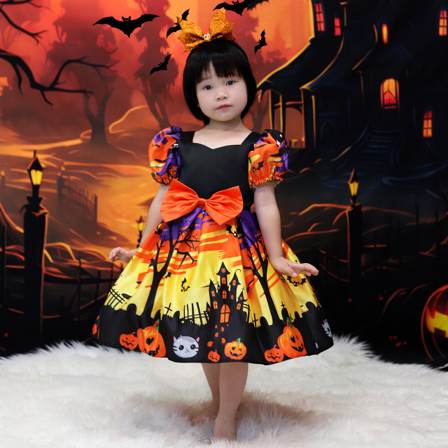 Orange Satin Tea Length A-Line Dress for Girls with Ruffle and Bow - Special Occasion Outfit