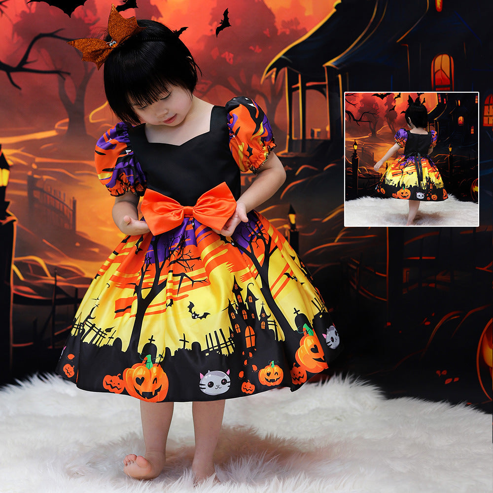 Orange Satin Tea Length A-Line Dress for Girls with Ruffle and Bow - Special Occasion Outfit