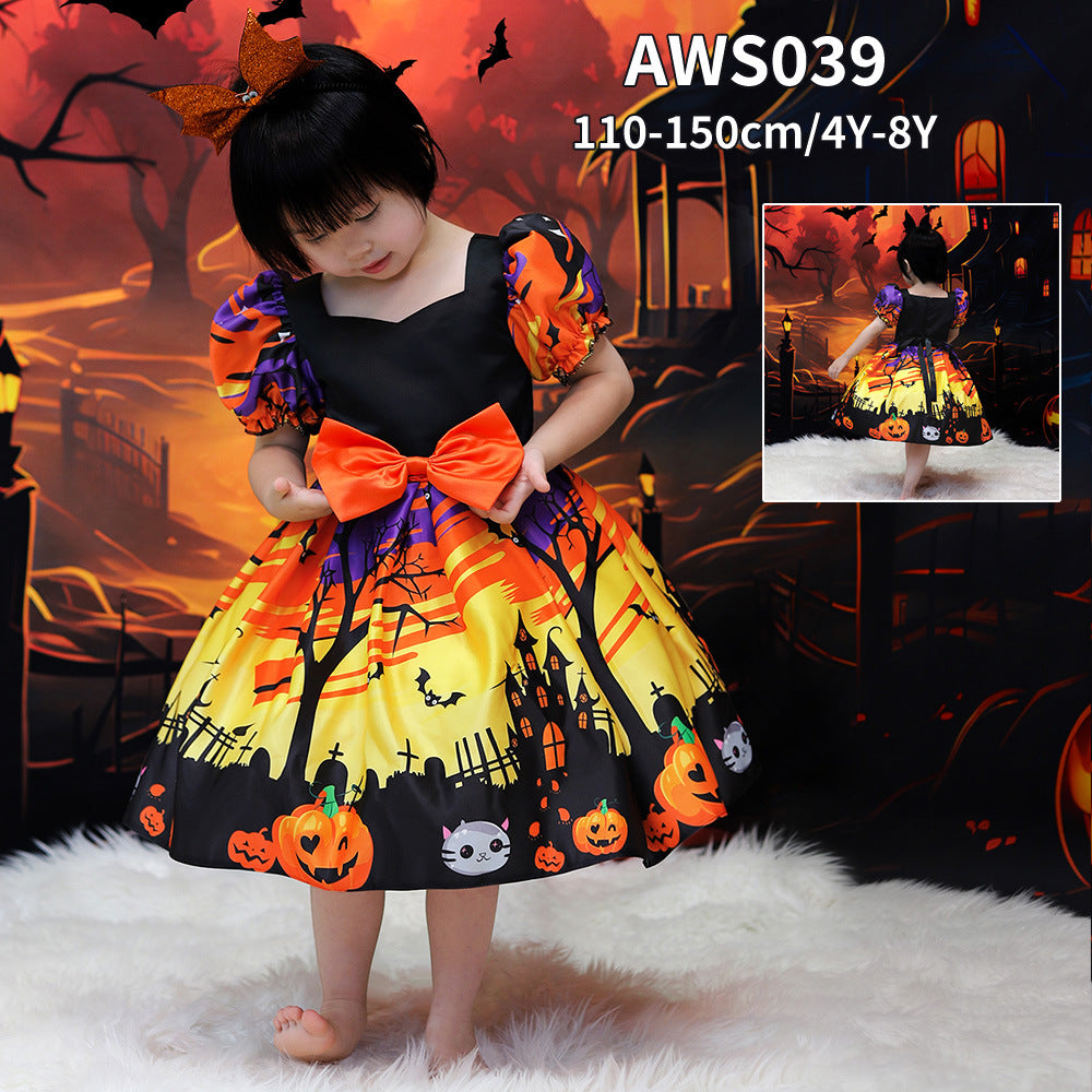 Orange Satin Tea Length A-Line Dress for Girls with Ruffle and Bow - Special Occasion Outfit